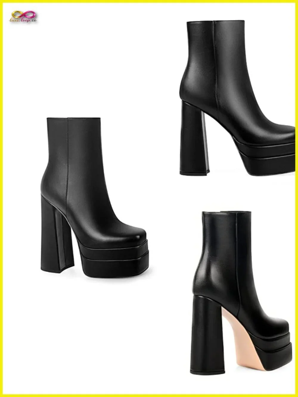Faux Leather Chunky Platform Ankle Booties Side Zip Square Toe High Heel Boots